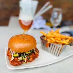 Buffalo Fried Chicken Sandwich with a side of French Fries