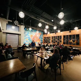 a restaurant with people sitting at tables