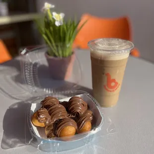 Nutella donuts. Iced coffee with foam