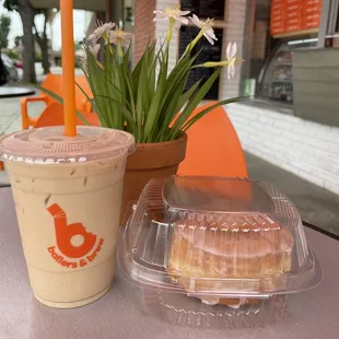 Classic glazed donut and caramel iced latte