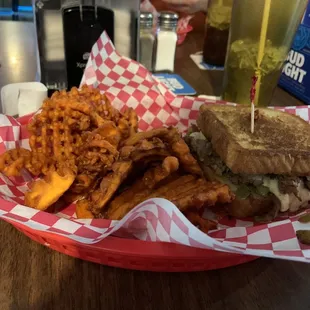 Philly Cheesesteak on Tx toast and sweet potato waffle fries
