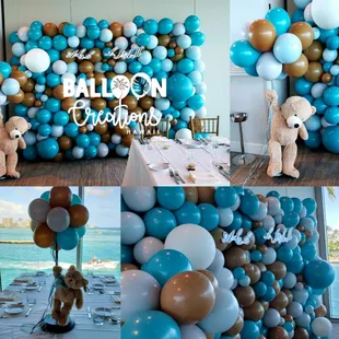 Organic Balloon Wall with topiary centerpieces (floating bear theme)
