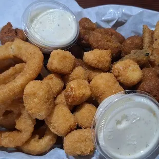 Combo appetizer with onion rings, mushrooms, zuccini and cheese balls. Enough for two people and only $12