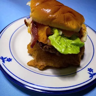 bacon cheeseburger slider, crispy beef-battered onion ring