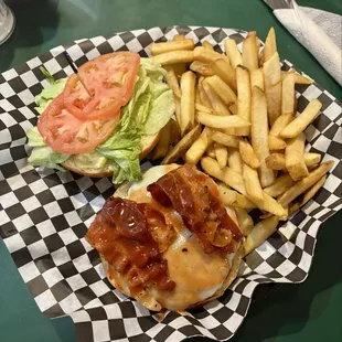 Buffalo Burger w/ Fries! Bacon, Provolone Cheese, Lettuce, Tomato & Texas Pete Hot Sauce.