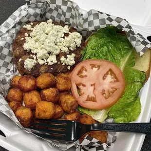 Black and bleu burger with sweet pot tots