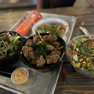 a variety of food items on a tray