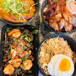 Curry Loco Moco, Half &amp; Half Rice - Large, Fried Rice - Large &amp; Brussel Sprouts - Small (clockwise)