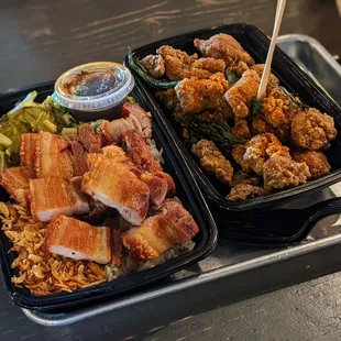 Fried pork belly (left) and small spicy popcorn chicken (right)