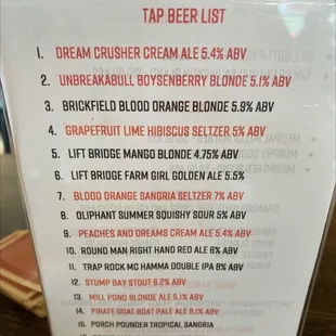 Beer menu.  Red is their beers.