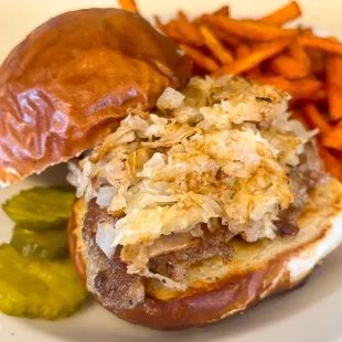 Our freshly ground and hand patties bratwurst burger