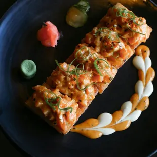 Spicy salmon on crispy rice