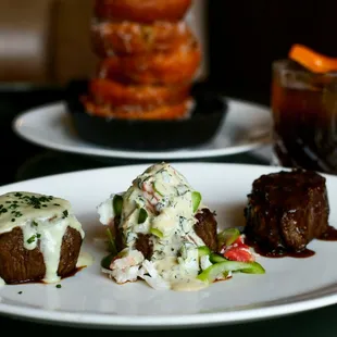 Steak filet trio - three medallions topped with chef's selection of rotating additions.