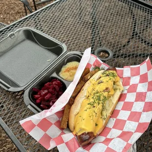 Beef Hoagie with sides of beets and apple sauce.