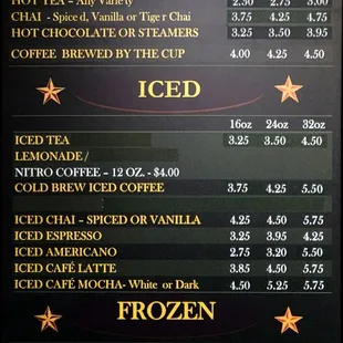 Hot, iced, and frozen drinks menu