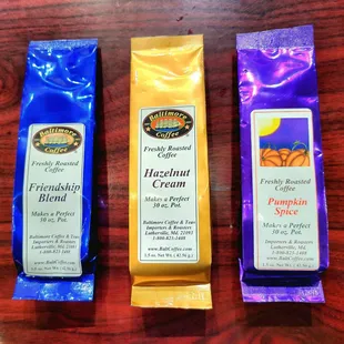 The 3 types of ground coffees that we bought.