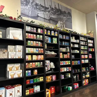 shelves of coffee and tea