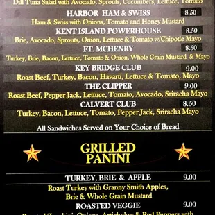 Specialty sandwiches and grilled panini menu