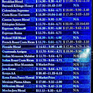 The coffee bean menu