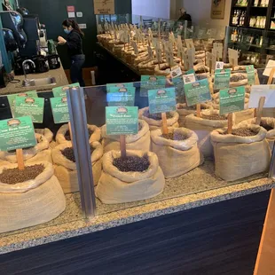 Many decaf and sweetener, calorie free flavored options. About 1/3 is regular coffee,1/3 is decaf and the last is flavored.