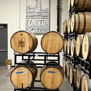barrels stacked in a warehouse