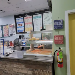a view of a restaurant counter