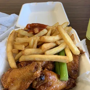 A HUGE five-piece wings and fries will leave you full.