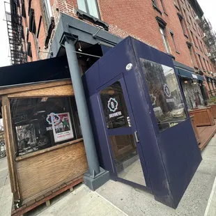 the entrance to a restaurant