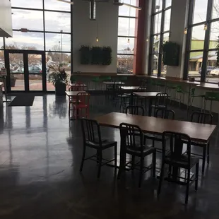 tables and chairs in a restaurant