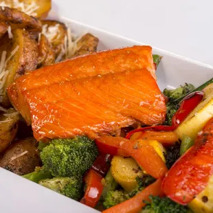 salmon, vegetables, and potatoes