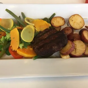 Grass fed beef burger with steamed veggies