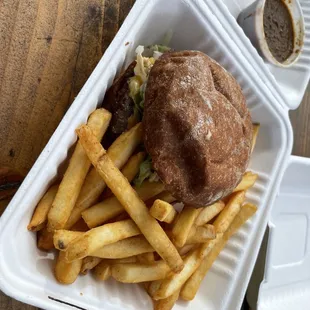 a hamburger and french fries