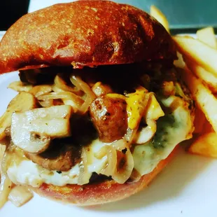 Our new Burger special... 
Shroomin Swiss Burger. With sauteed mushrooms &amp; onions, swiss cheese and our Bam Pow Sauce