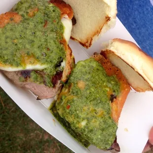 NY strip steak sliders with chimichurri sauce. Delicious and very shareable. Pay $2 for a side of fries!