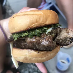 Frank steak slider with provolone cheese and chimichurri--comes in two!