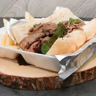 Classic Chicago style Italian beef with Italian sausage sandwich and sweet peppers