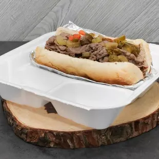 Classic Italian beef dipped with hot peppers.