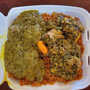 Okra stew on the left, cassava leaves on right, joloff rice on bottom