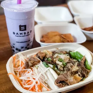 Taro Milk Tea with boba, Crispy Mushroom Bao and crab rangoon (3)