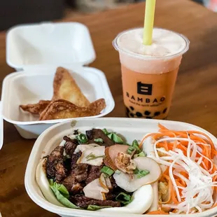 Crab Rangoon (3), Bulgogi Beef Short Rib Bao and Thai Iced Tea with boba