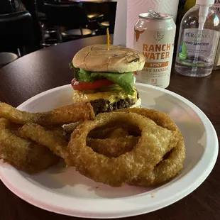Bambi burger with beer-battered onion rings