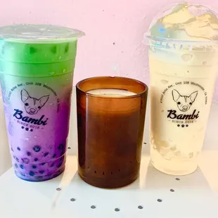 Ube Buko Pandan Milk Tea with boba and Mango Coconut Smoothie. Customized easy ice with Oat milk.