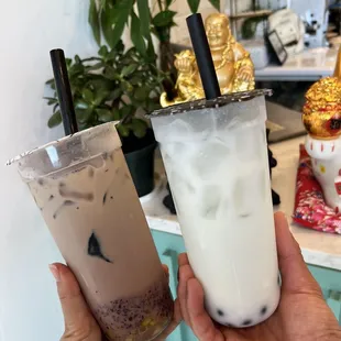 Blueberry milk tea with mix combo toppings &amp; lychee yogurt with blueberry popping boba