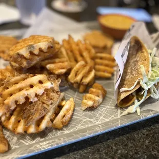 Waffle Fries, Bambi Taco, Nacho Cheese in the Background