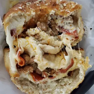 Calzone with pepperoni,  bacon and sausage. Loaded pretty good and tastes great!