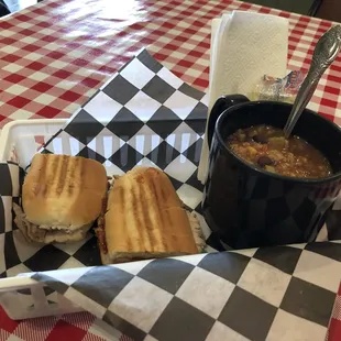 BBQ pork loin sandwich and black bean/sausage soup.