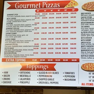 Gourmet pizza menu