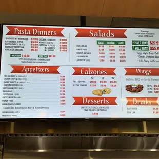 Pasta, salads, calzones, wings and desserts menu