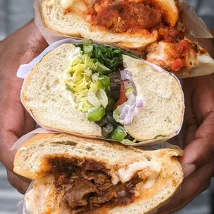 Chicken parmesan, veggie, and BBQ beef sandwiches