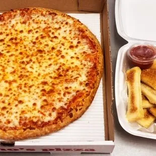 a pizza and fries